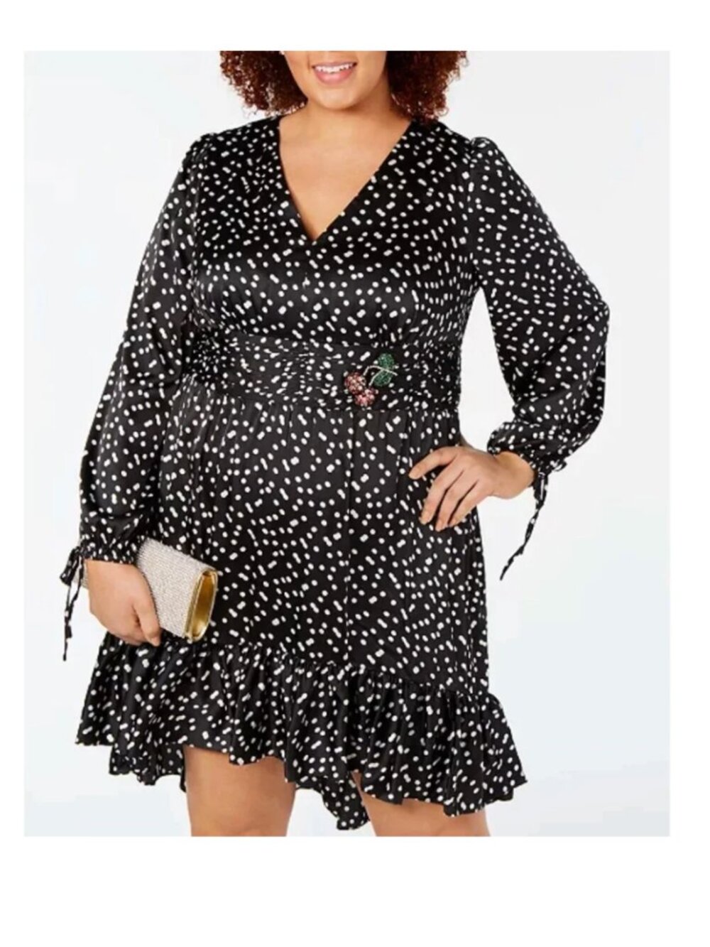 Betsey Johnson Polka Dot Dress 18W Black Rhinestone Cherry Brooch Long Sleeve